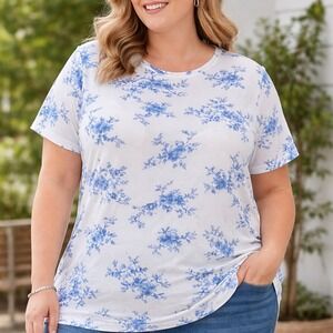 Croft And Barrow Classic Tee Women's‎ Plus 2X White Blue Floral 100% Cotton